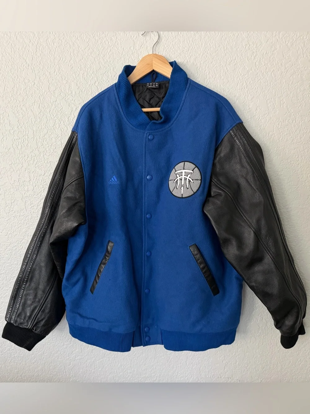 adidas Tracy McGrady T Mac Blue Sz L and Black Varsity Jacket w Leather Sleeves